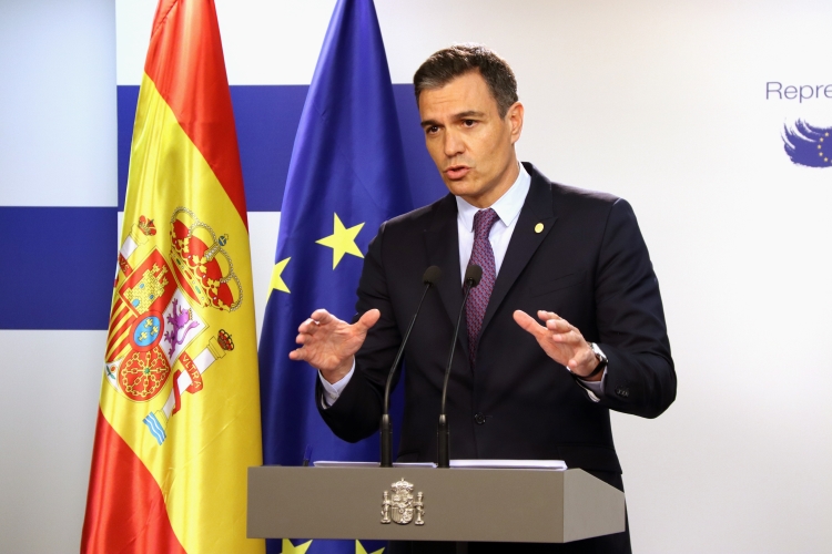 Spanish Prime Minister Pedro Sánchez during a speech in Brussels after an EU Summit on June 24, 2022 (by Albert Cadanet)